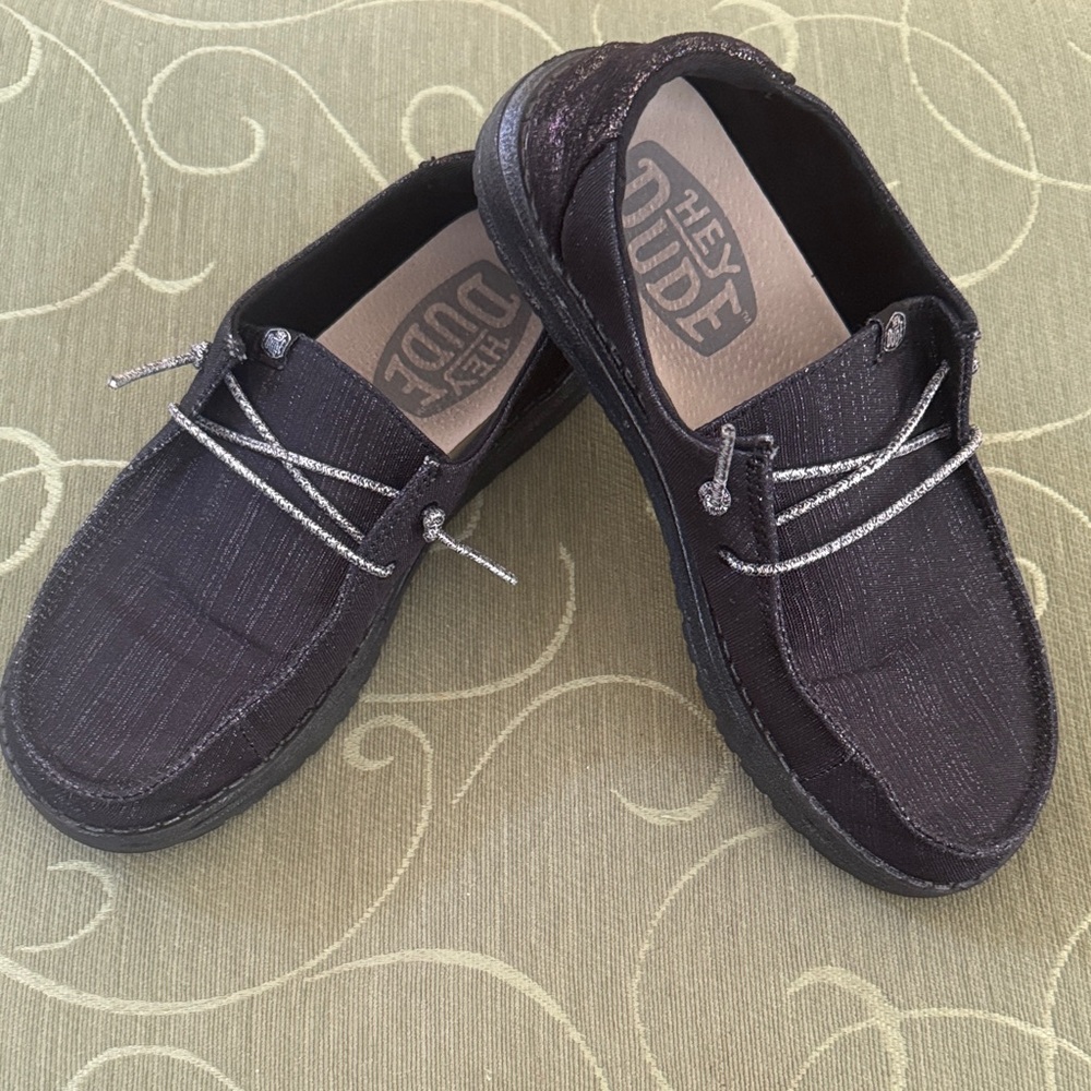 Hey Dude Women's Black Slip-On Loafers with Metallic Laces